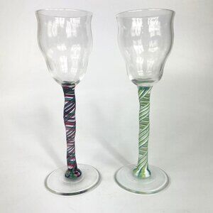 Art Glass Liquor Glass Swirl Stem Glasses Signed set of 2